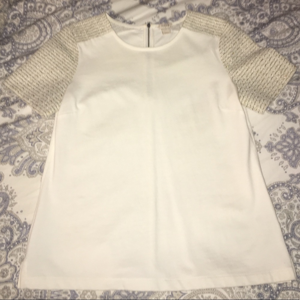 J Crew Ivory and Gold Tweed sleeve shirt
